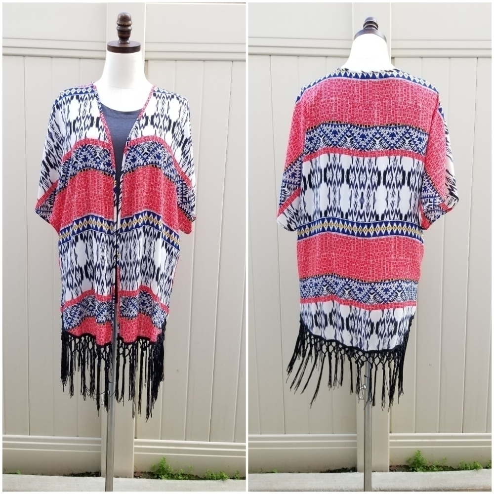 Fever Blue Red White Aztec Print Fringed Hem Kimono Open Cardigan, Large